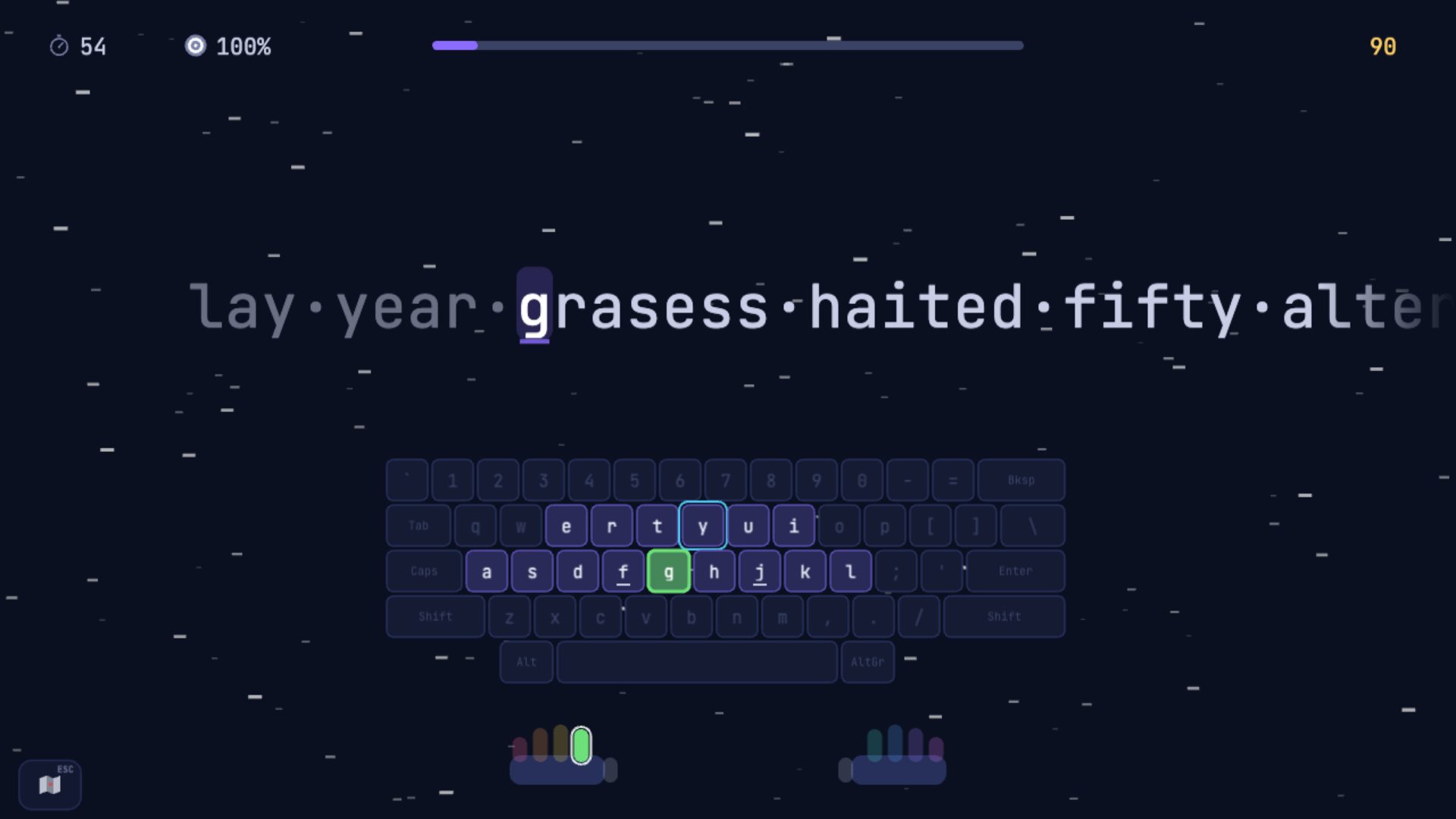 A practice round with the on-screen keyboard and hands guiding the next key