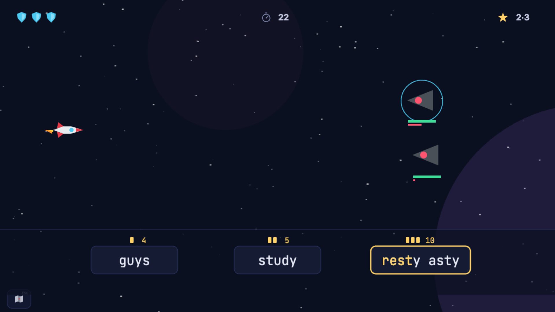 The Voyage: typing commands to fire at asteroids